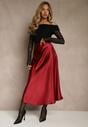 Bordowa Satynowa Midi Spódnica Rozkloszowana z Gumką w Pasie i Suwakiem Leose
