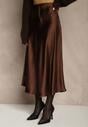 Brązowa Satynowa Midi Spódnica Rozkloszowana z Gumką w Pasie i Suwakiem Leose