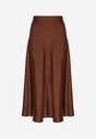 Brązowa Satynowa Midi Spódnica Rozkloszowana z Gumką w Pasie i Suwakiem Leose