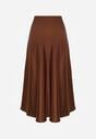 Brązowa Satynowa Midi Spódnica Rozkloszowana z Gumką w Pasie i Suwakiem Leose