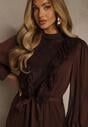 Brązowa Romantyczna Sukienka z Bufiastymi Rękawami i Falbanką z Koronki Sewmira
