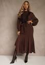 Brązowa Romantyczna Sukienka z Bufiastymi Rękawami i Falbanką z Koronki Sewmira