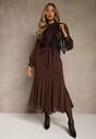 Brązowa Romantyczna Sukienka z Bufiastymi Rękawami i Falbanką z Koronki Sewmira