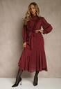 Bordowa Romantyczna Sukienka z Bufiastymi Rękawami i Falbanką z Koronki Sewmira