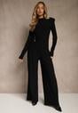 Czarny Elegancki Komplet Spodnie Wide Leg i Bluzka z Poduszkami w Ramionach Sewinea