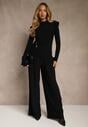 Czarny Elegancki Komplet Spodnie Wide Leg i Bluzka z Poduszkami w Ramionach Sewinea