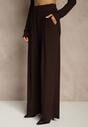 Brązowy Elegancki Komplet Spodnie Wide Leg i Bluzka z Poduszkami w Ramionach Sewinea