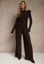 Brązowy Elegancki Komplet Spodnie Wide Leg i Bluzka z Poduszkami w Ramionach Sewinea