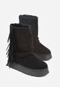 Czarne Botki Śniegowce z Wywiniętą Cholewką Zdobioną Frędzlami Sewela