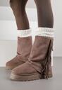 Jasnobrązowe Botki Śniegowce z Wywiniętą Cholewką Zdobioną Frędzlami Sewela
