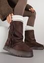 Brązowe Botki Śniegowce z Wywiniętą Cholewką Zdobioną Frędzlami Sewela