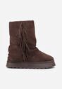 Brązowe Botki Śniegowce z Wywiniętą Cholewką Zdobioną Frędzlami Sewela