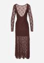 Brązowa Elegancka Sukienka z Koronki z Odkrytymi Plecami Lilafera