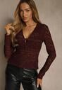 Bordowa Bluzka Longsleeve z Koronki z Dekoltem w Kształcie Litery V Lerafera