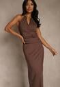 Brązowa Wieczorowa Sukienka Halter z Odkrytymi Plecami Sewsara