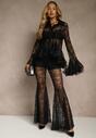 Czarne Spodnie High Waist o Kroju Dzwonów z Koronki Ferella