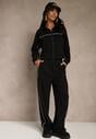 Czarny Komplet Dresowy w Stylu Retro Spodnie Wide Leg i Bluza ze Stójką Sewelia
