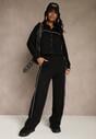 Czarny Komplet Dresowy w Stylu Retro Spodnie Wide Leg i Bluza ze Stójką Sewelia