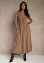 Brązowa Taliowana Sukienka Longsleeve z Wiskozą z Marszczeniem i Dekoltem V Elirie