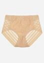 Beżowe Siateczkowe Majtki Figi High Waist z Koronkowymi Zdobieniami Heylih