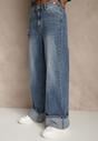 Niebieskie Jeansy High Waist Wide Leg z Podwiniętymi Nogawkami Nymthine