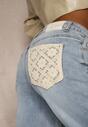 Niebieskie Szerokie Jeansy High Waist Zdobione Haftem na Kieszeni Thaola