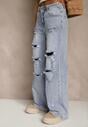 Niebieskie Jeansy High Waist Wide Leg z Ozdobnymi Przetarciami i Dziurami Elintyse