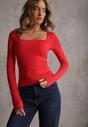 Czerwona Bluzka z Elastycznego Materiału o Kwadratowym Dekolcie z Wiskozą Nemosa