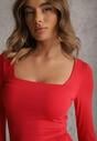 Czerwona Bluzka z Elastycznego Materiału o Kwadratowym Dekolcie z Wiskozą Nemosa
