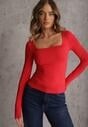 Czerwona Bluzka z Elastycznego Materiału o Kwadratowym Dekolcie z Wiskozą Nemosa