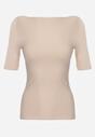 Beżowy Dopasowany T-shirt z Wiskozy z Dekoltem w Łódkę Vivianna