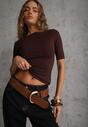 Brązowy Dopasowany T-shirt z Wiskozy z Dekoltem w Łódkę Vivianna