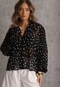 Czarna Koszula z Wiskozy i Bawełny Zdobiona Groszkami i Plisami na Rękawach Osharus