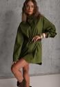 Zielona Bawełniano-Wiskozowa Koszula o Długim Kroju Oversize z Paskiem Tethys