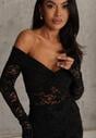 Czarna Koronkowa Sukienka Bodycon z Odkrytymi Ramionami i Supłem Aethanise