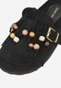 Czarne Klapki na Platformie Ozdobione Koralikami Klamrami i Frędzlami Leurecea