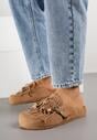 Jasnobrązowe Klapki na Platformie Ozdobione Koralikami Klamrami i Frędzlami Leurecea