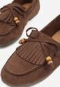 Brązowe Mokasyny z Koralikami Kokardą i Frędzlami Nahda