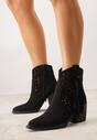 Czarne Ażurowe Botki Typu Kowbojki na Stożku Ozdobione Frędzlami Pentora