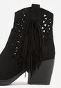 Czarne Ażurowe Botki Typu Kowbojki na Stożku Ozdobione Frędzlami Pentora