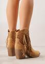 Brązowe Ażurowe Botki Typu Kowbojki na Stożku Ozdobione Frędzlami Pentora