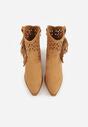 Brązowe Ażurowe Botki Typu Kowbojki na Stożku Ozdobione Frędzlami Pentora