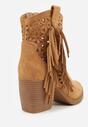Brązowe Ażurowe Botki Typu Kowbojki na Stożku Ozdobione Frędzlami Pentora