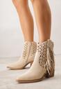 Beżowe Ażurowe Botki Typu Kowbojki na Stożku Ozdobione Frędzlami Pentora