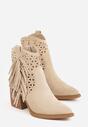 Beżowe Ażurowe Botki Typu Kowbojki na Stożku Ozdobione Frędzlami Pentora