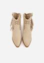 Beżowe Ażurowe Botki Typu Kowbojki na Stożku Ozdobione Frędzlami Pentora