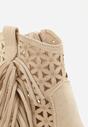 Beżowe Ażurowe Botki Typu Kowbojki na Stożku Ozdobione Frędzlami Pentora