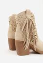 Beżowe Ażurowe Botki Typu Kowbojki na Stożku Ozdobione Frędzlami Pentora