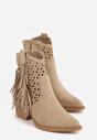 Ciemnobeżowe Ażurowe Botki Typu Kowbojki na Stożku Ozdobione Frędzlami Pentora