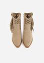 Ciemnobeżowe Ażurowe Botki Typu Kowbojki na Stożku Ozdobione Frędzlami Pentora